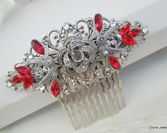 bridal hair comb, wedding hair comb, rhinestone hair comb, crystal hair comb, wedding hair accessories, hair comb vintage, red, ROSELANI