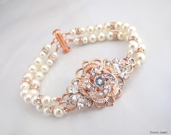 Rose Gold Pearl Bridal Bracelet, Vintage Crystal Wedding Jewelry, Swarovski Jewelry, Roselani