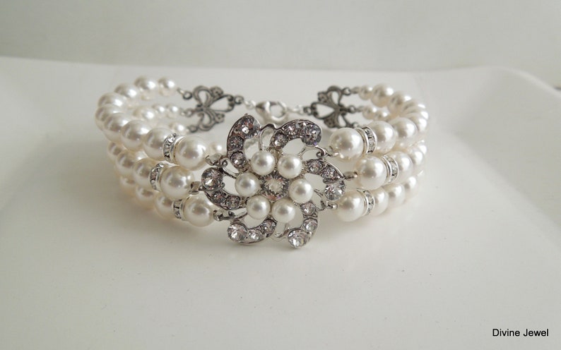 bridal bracelet pearl, rhinestone Bracelet wedding, Wedding pearl bracelet, bridal jewelry, pearl bracelet, rhinestone bracelet, AMELIA image 6