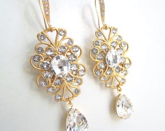 Gold Kristall Kronleuchter Ohrringe, Braut Strass baumeln, Braut Kollektion, NORA