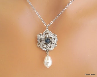 bridal pearl necklace, wedding rhinestone necklace, pearl necklace wedding, rhinestone necklace, pearl necklace, bridal necklace, ROSELANI