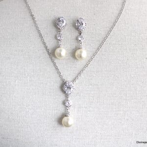 Bridal Pearl Jewelry Set: Cubic Zirconia Necklace and Earrings, EJA