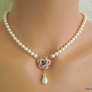 Rose Gold Pearl Wedding Necklace: Amethyst Crystal Bridal Jewelry, Purple Crystal, Roselani