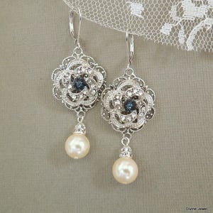 pearl bridal earrings, wedding rhinestone earrings, bridal earrings chandelier, wedding pearl earrings, blue crystal earrings, ROSELANI