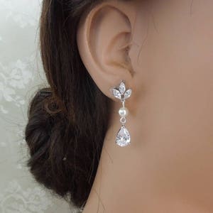 Pearl Bridal Necklace Set: Cubic Zirconia Wedding Jewelry, Silver Earrings and Backdrop Option, HOPE image 9
