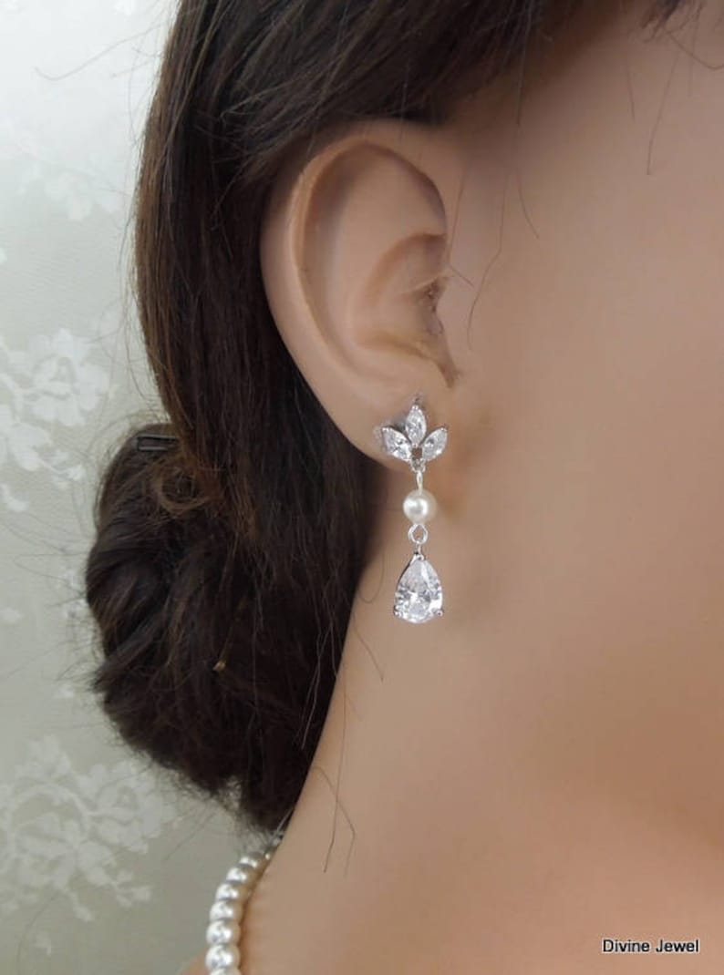 Pearl Bridal Necklace Set: Cubic Zirconia Wedding Jewelry, Silver Earrings and Backdrop Option, HOPE image 9