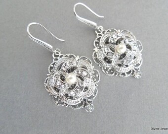 Braut Kronleuchter Ohrringe, Kristall und Perle Hochzeit Schmuck, Rose viktorianischen Stil, Roselani