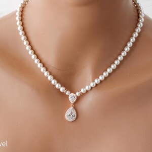 Wedding necklace pearl, Rose Gold bridal jewelry, CZ teardrop pendant, Milla