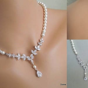 Pearl Bridal Necklace Set: Cubic Zirconia Wedding Jewelry, Silver Earrings and Backdrop Option, HOPE image 2