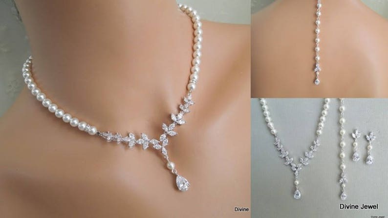 Pearl Bridal Necklace Set: Cubic Zirconia Wedding Jewelry, Silver Earrings and Backdrop Option, HOPE image 2