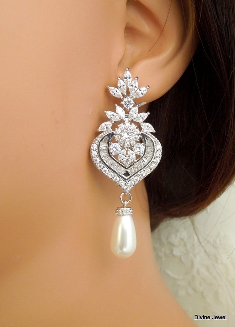 wedding rhinestone earrings XENA bridal earrings chandelier rhinestone earrings pearl earrings vintage style Bridal crystal Earrings
