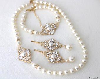 Gold Bridal Jewelry Set with Pearl Necklace, Drop Earrings & Vintage Style Bracelet, Claude