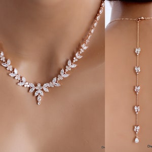 rose gold necklace bridal, wedding rhinestone necklace, crystal necklace with backdrop for brides, statement rose gold necklace, LORNA