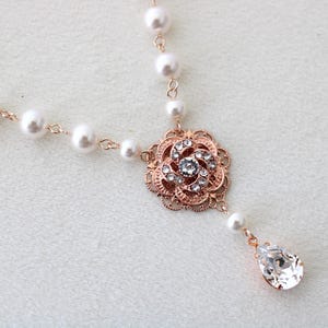 Rose Gold Bridal Necklace: Pearl & Crystal Floral Pendant, Pearl Necklace, Roselani