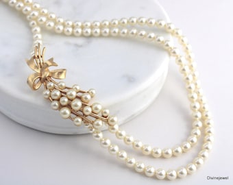 Vintage Pearl Necklace, Vintage Brooch Pearl Necklace, Wedding