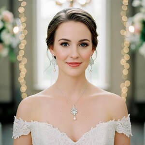Bridal Necklace Set, Pearl and Crystal Chandelier Earrings, Art Deco Jewelry, STELLA shown in an AI-generated listing photo.Jewelry is custom handmade and designed by me.