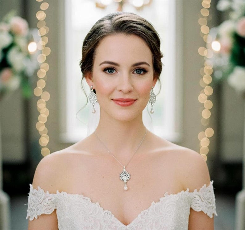 Bridal Necklace Set, Pearl and Crystal Chandelier Earrings, Art Deco Jewelry, STELLA shown in an AI-generated listing photo.Jewelry is custom handmade and designed by me.