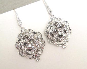 Bridal Chandelier Earrings, Wedding Rhinestone Jewelry, Victorian Dangle Crystal Earrings, ROSELANI