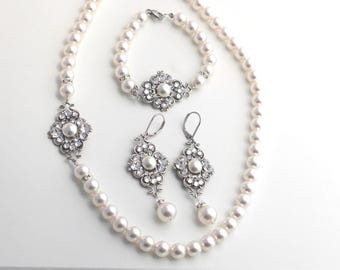 Pearl Bridal Jewelry Set with Necklace and Earrings, Silver Bracelet Swarovski Crystal, Claude