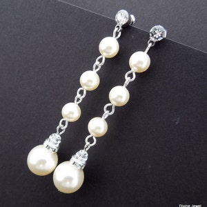 Pearl Dangle Earrings: Rhinestone Bridal Drop Earrings, Bridesmaid Jewelry, DREW