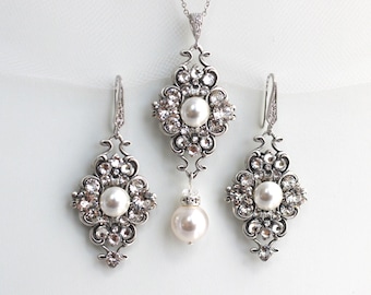 Bridal Pearl Jewelry Set: Necklace and Earrings Wedding Jewelry, Claude