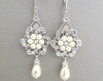 Bridal Chandelier Earrings: Pearl and Rhinestone Wedding Jewelry in Silver, Floral Design, Amelia