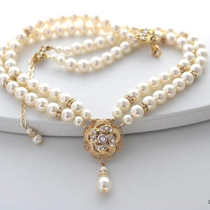 Bridal pearl necklace, wedding necklace pearl, wedding rhinestone necklace, bridal jewelry, pearl necklace, Statement necklace, ROSELANI
