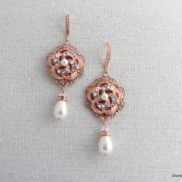Pearl Earrings, chandelier earrings, Rhinestone Earrings, Bridal Pearl Earrings, statement Earrings, wedding rhinestone earrings,  ROSELANI
