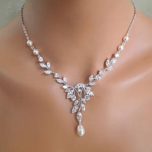 bridal jewelry set, Bridal Necklace, pearl necklace Set, backdrop Necklace, ivory pearls, cubic zirconia set, crystal necklace, RITA