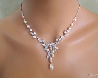bridal jewelry set, Bridal Necklace, pearl necklace Set, backdrop Necklace, ivory pearls, cubic zirconia set, crystal necklace, RITA