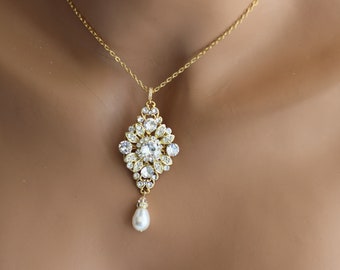 pearl bridal necklace, wedding pearl necklace, rhinestone necklace gold, wedding necklace bridal jewelry, bridal pearl necklace, COLLEEN