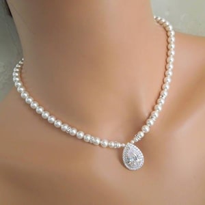 Pearl Bridal Teardrop Necklace with Cubic Zirconia Pendant, Vintage Style Wedding Jewelry, Asha