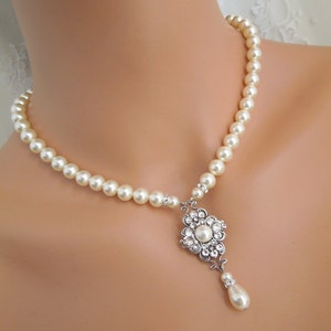 Bridal Pearl Backdrop Necklace: Rhinestone Crystal Pendant Wedding Jewelry Set, CLAUDE