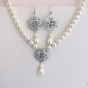 Pearl Bridal Jewelry Set: Roselani Necklace, Earrings & Backdrop, Roselani