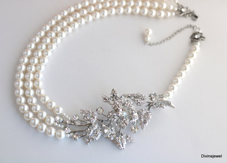 pearl bridal necklace, wedding Pearl Necklace, wedding rhinestone Necklace, crystal necklace, Statement necklace, wedding jewelry, DARCIE image 7