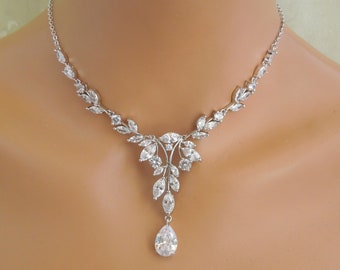 Bridal Jewelry Set, Wedding Necklace and Chandelier Earrings, Cubic Zirconia Vintage Style, Rita