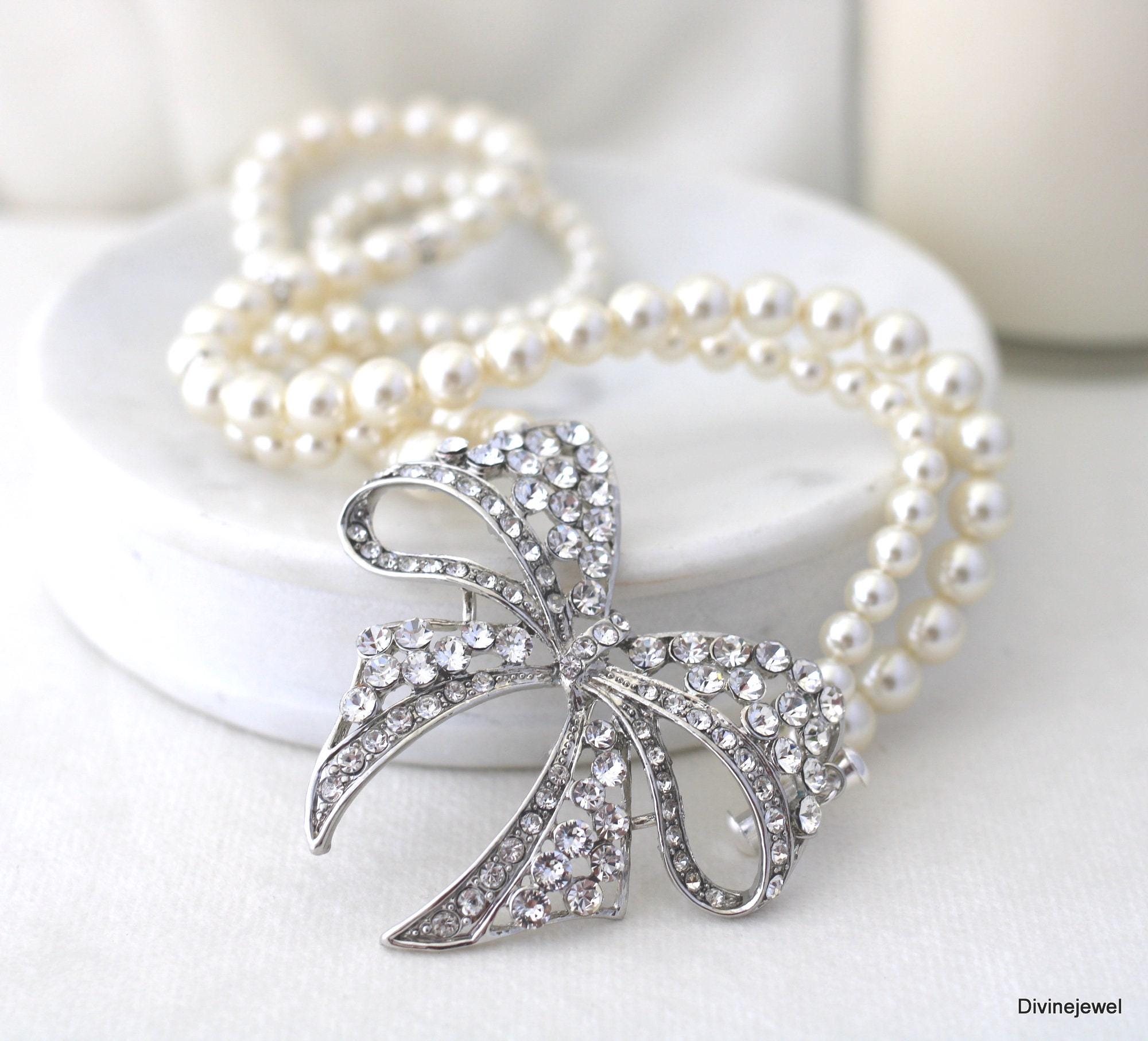Butterfly Wedding Jewelry Set - Crystal Beads, Pearl & Rhinestone Choker, Earrings & Tiara, Silver Tone, For Bride, Bridesmaid, Party
