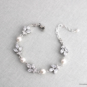 Bridal Bracelet Pearl & Cubic Zirconia: Silver Wedding Jewelry, Crystal Jewelry, Lorna
