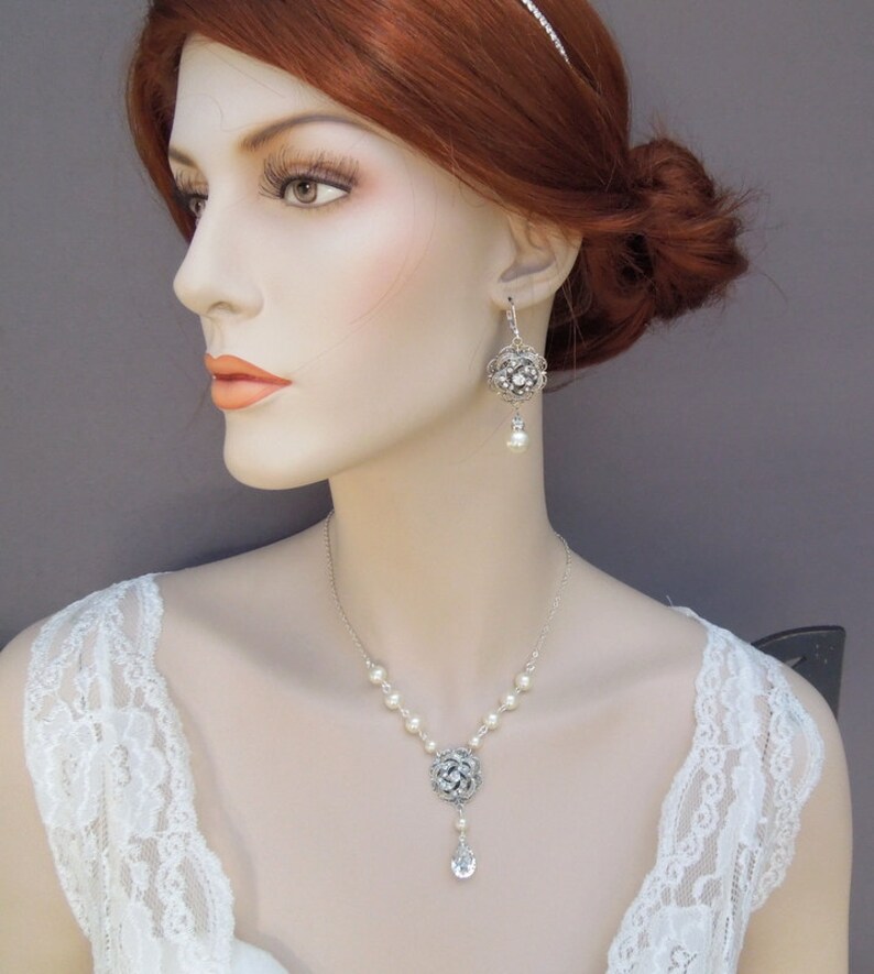bridal necklace, wedding rhinestone necklace, pearl bridal necklace, pearl necklace, rhinestone necklace, statement necklace, ROSELANI image 8