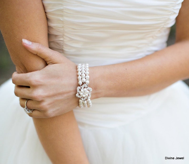 bridal bracelet pearl, rhinestone Bracelet wedding, Wedding pearl bracelet, bridal jewelry, pearl bracelet, rhinestone bracelet, AMELIA image 1