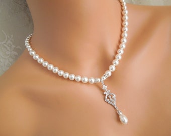 Art Deco Pearl Backdrop Necklace, Bridal Lariat with CZ Pendant, Graduated Pearls, Luna