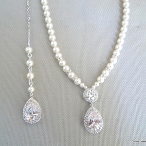 bridal necklace, Pearl Backdrop Necklace, Bridal rhinestone necklace, wedding necklace, bridal jewelry, cubic zirconia necklace, WHITNEY
