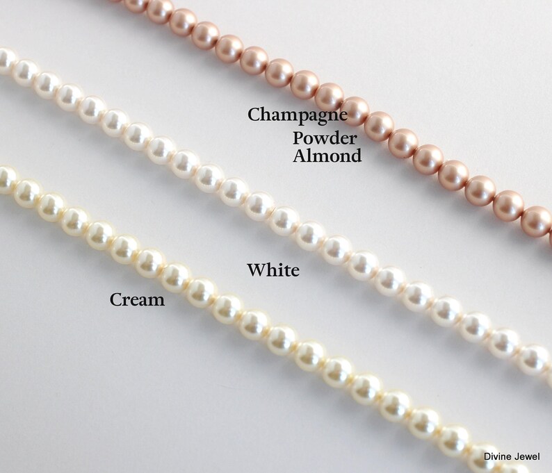 Four strands of small, round pearls in champagne, powder, white, and cream colors, with text labels for each color.