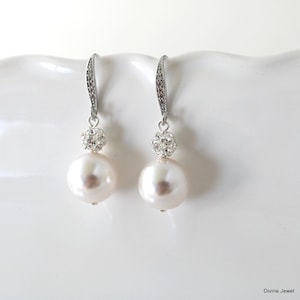 Pearl Earrings bridal earrings Silver dangle Earrings Classic Bridal jewelry Wedding Dangle Pearl and rhinestone earrings CLAIRE