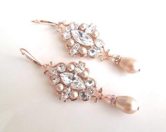 Pearl Drop Earrings Rose Gold, Vintage Inspired Wedding Jewelry, Champagne Pearls, GABY