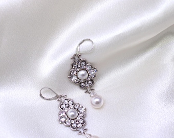 Pearl Earrings bridal earrings ivory pearl dangle Earrings Classic Bridal jewelry Wedding Dangle Pearl and rhinestone earrings CLAUDE