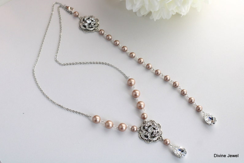 bridal backdrop necklace, bridal pearl necklace, Wedding necklace, bridal jewelry, backdrop necklace, pearl necklace, pearl choker, ROSELANI image 4