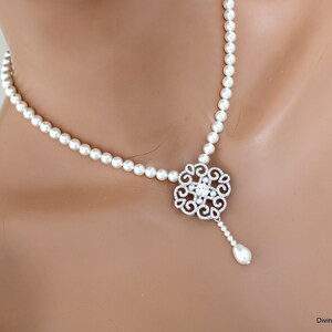 Pearl Bridal Necklace with CZ Pendant, Rhinestone Wedding Jewelry, Vintage Style, Doreen