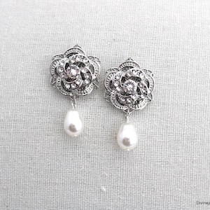 pearl Earrings wedding, rhinestone earrings dangle, floral earrings bridal, wedding earrings for bride, statement earrings drop, ROSELANI