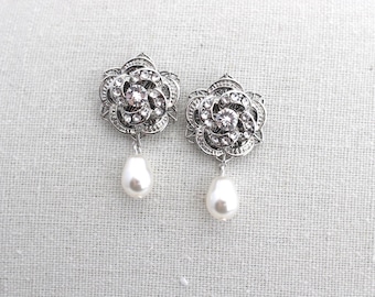 Pearl Rhinestone Wedding Earrings: Floral Bridal Dangle, Roselani